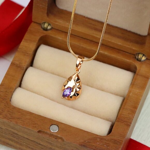 "Gold Teardrop Pendant with Marquise Purple Stone and Artistic Texture, XPPT1723 - Picture 7 of 13